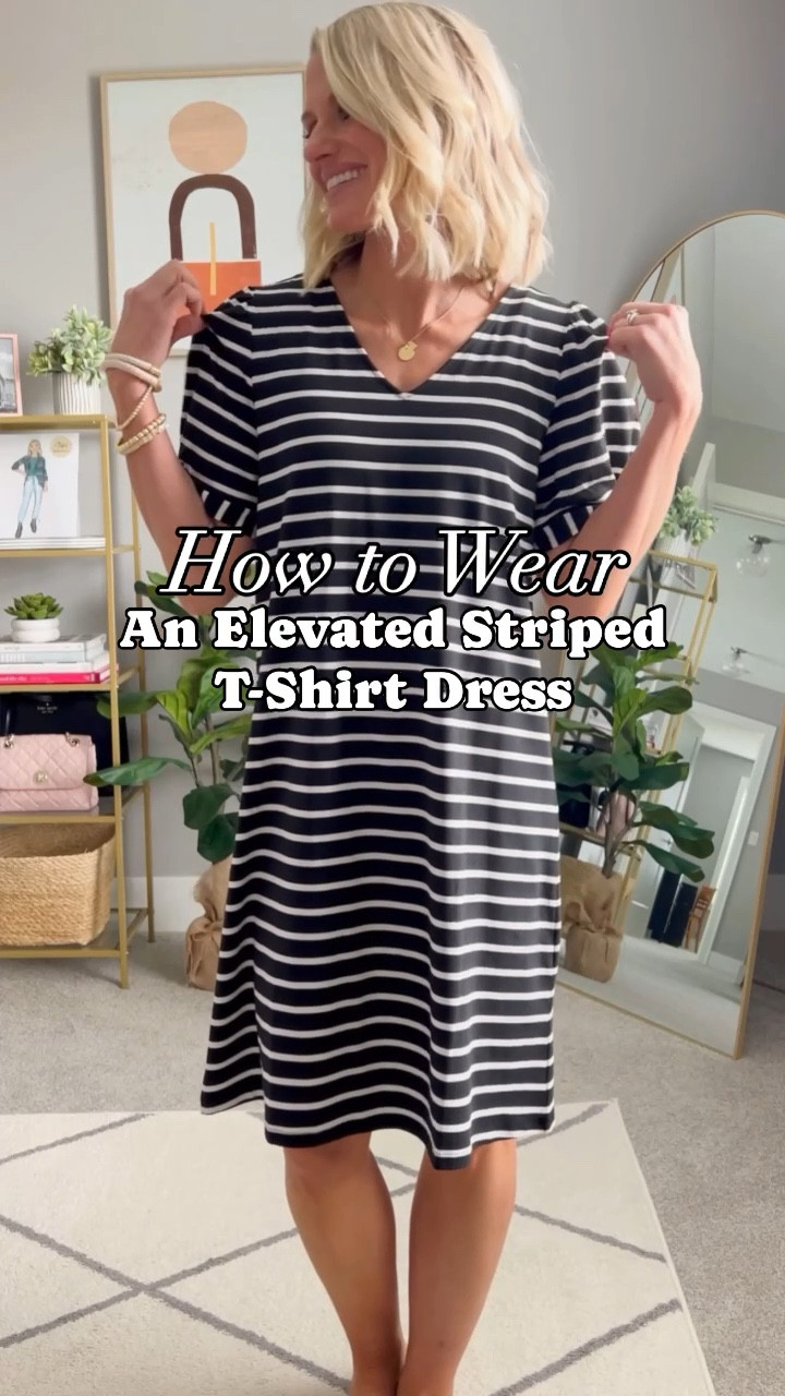 How to wear an elevated striped T-shirt dress  
Dress- xs
Blazer- xs
Denim jacket- xs (code: THRIFTY20)

#LTKSeasonal #LTKsalealert #LTKstyletip