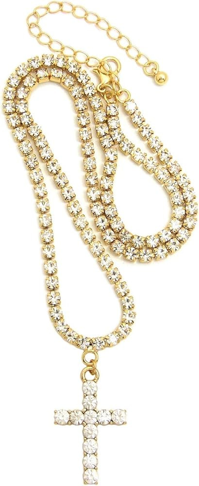 NYFASHION101 Stone Stud Single Row Cross Pendant with 3mm 18" Rhinestone Necklace, Gold-Tone | Amazon (US)