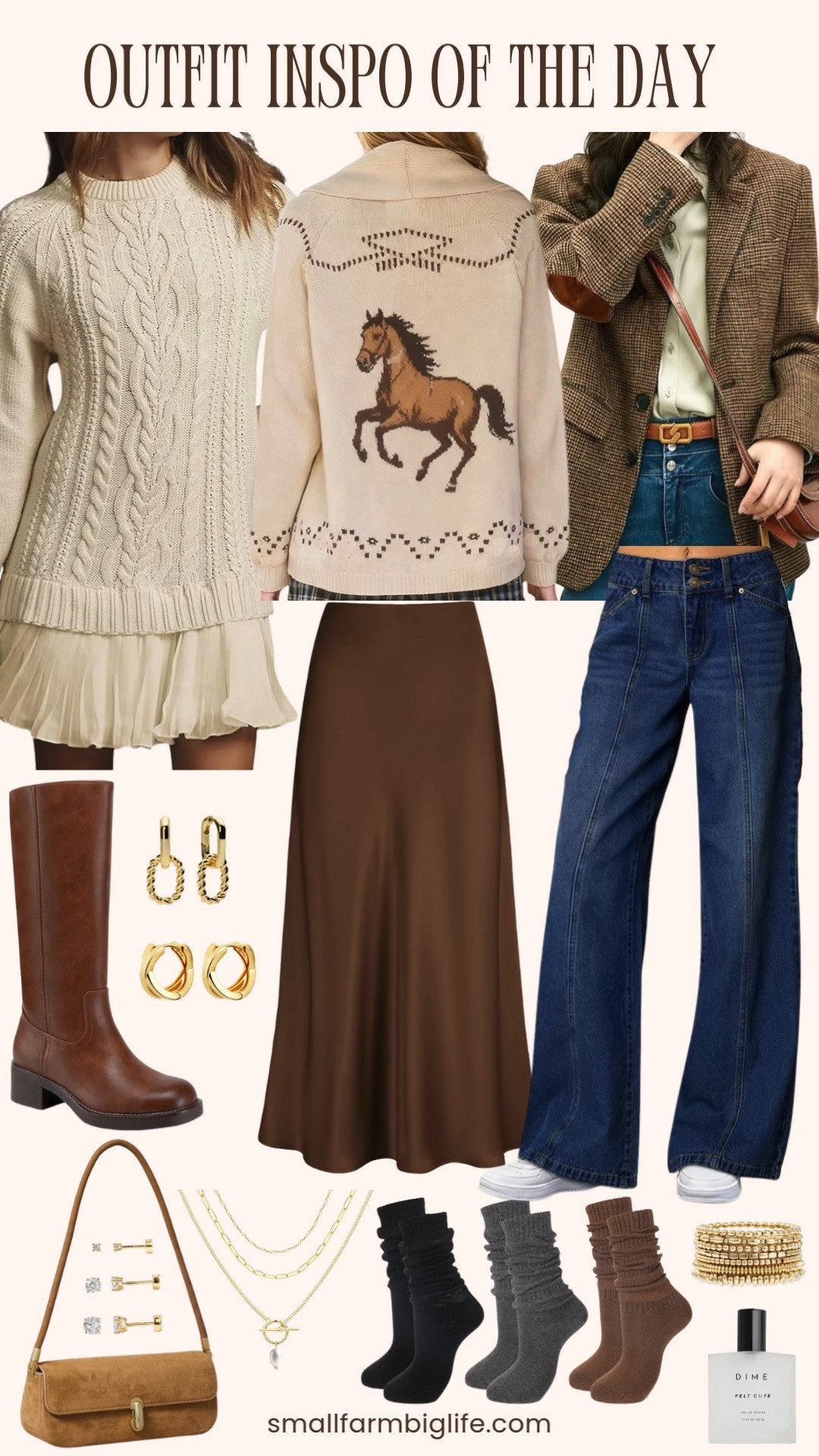 Outfit inspo of the day from Amazon 🤎
Rich browns and soft creams paired with classic textures like tweed and silk for a look that feels polished yet cozy. Finished with knee high boots, timeless gold jewelry, and an everyday bag. These are easy, elegant pieces you can wear on repeat ✨ 

 #LTKootd #LTKOver40