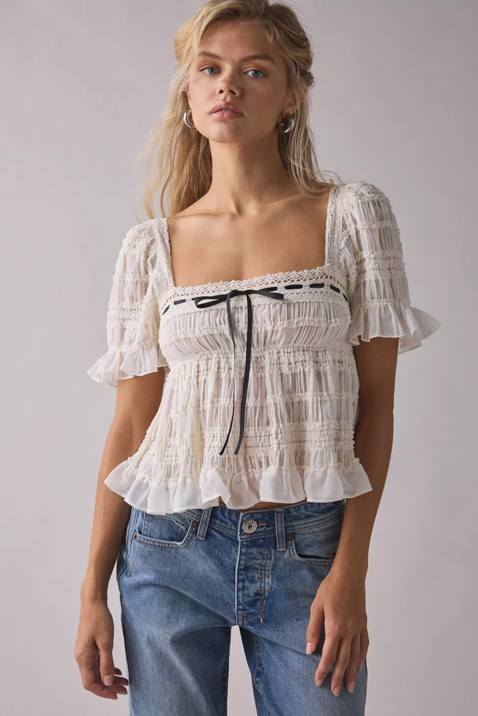 Kimchi Blue Serenade Ruffle Puff Sleeve Babydoll Blouse | Urban Outfitters (US and RoW)