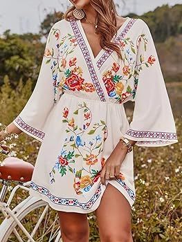 Women's Boho Floral Mini Dress Vintage Ethnic V Neck Long Sleeve Elastic High Waist Swing Tunic D... | Amazon (US)