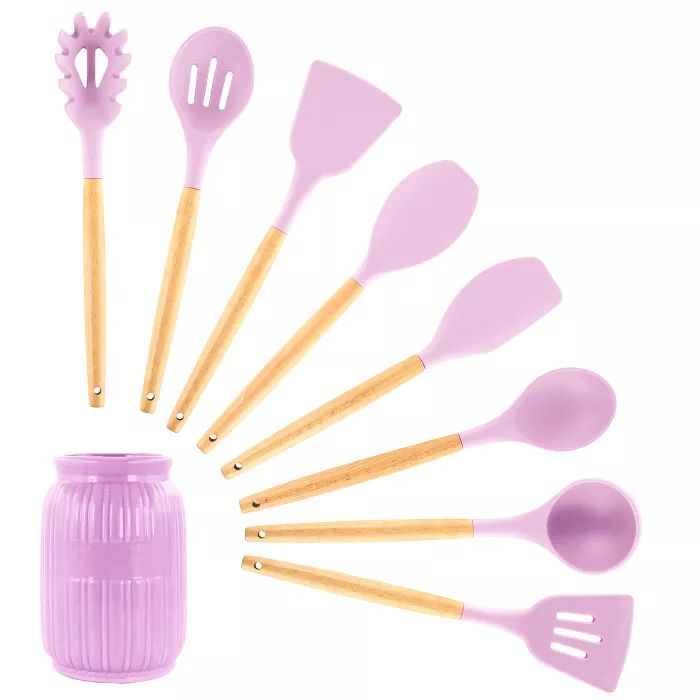 MegaChef 9 Piece Gray Silicone and Wood Cooking Utensils | Target