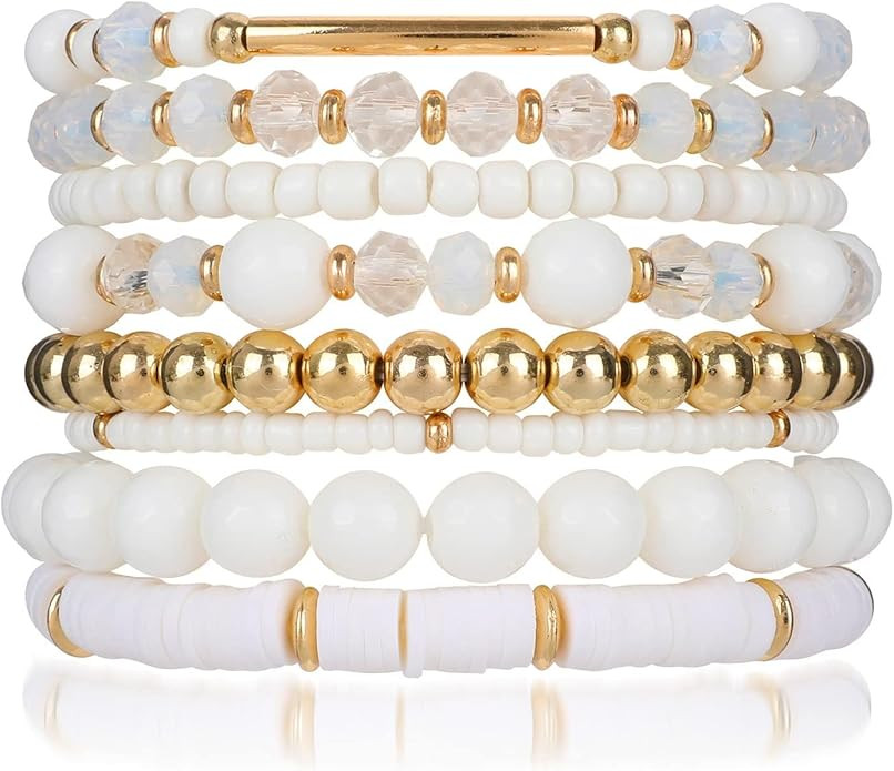 Pink Bracelets Purple Bracelet Boho Multi-Layer Beaded Stacking, Versatile Strand Stretch Crystal... | Amazon (US)