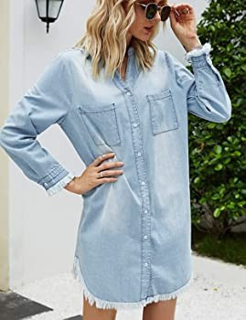 Women Denim Shirt Dresses Long Sleeve Distressed Jean Dress Button Down Casual Tunic Top | Amazon (US)
