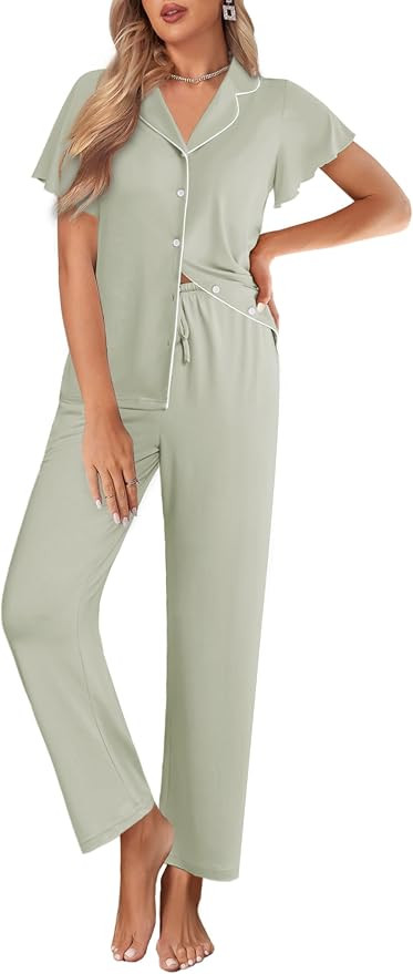 Ekouaer Pajamas for Women Set Button Up Sleepwear Cute Pjs Ruffle Sleeve Notch Collar Loungewear ... | Amazon (US)