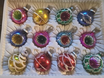 12 Vintage Feathertree Glass Christmas Ornaments Frosted Stencils Indents W/Box | eBay US
