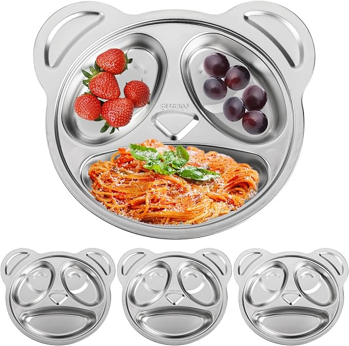 Lyellfe Set of 4 Stainless Steel Divided Plates, 3 Sections Unbreakable Dinner Plates, Cute Panda... | Amazon (US)