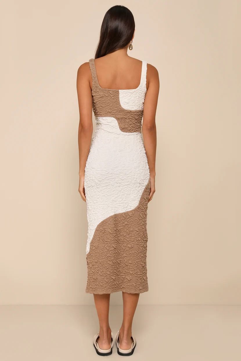Instantly Adored Taupe and Cream Color Block Textured Midi Dress | Lulus