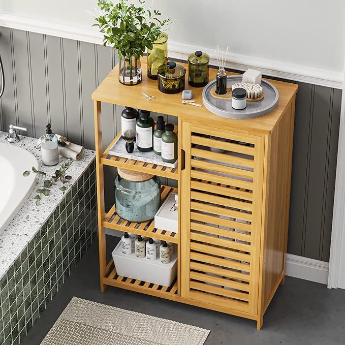 VIAGDO Bathroom Cabinet Bamboo Storage Cabinet with Doors and 3 Side Shelves, Freestanding Floor ... | Amazon (US)