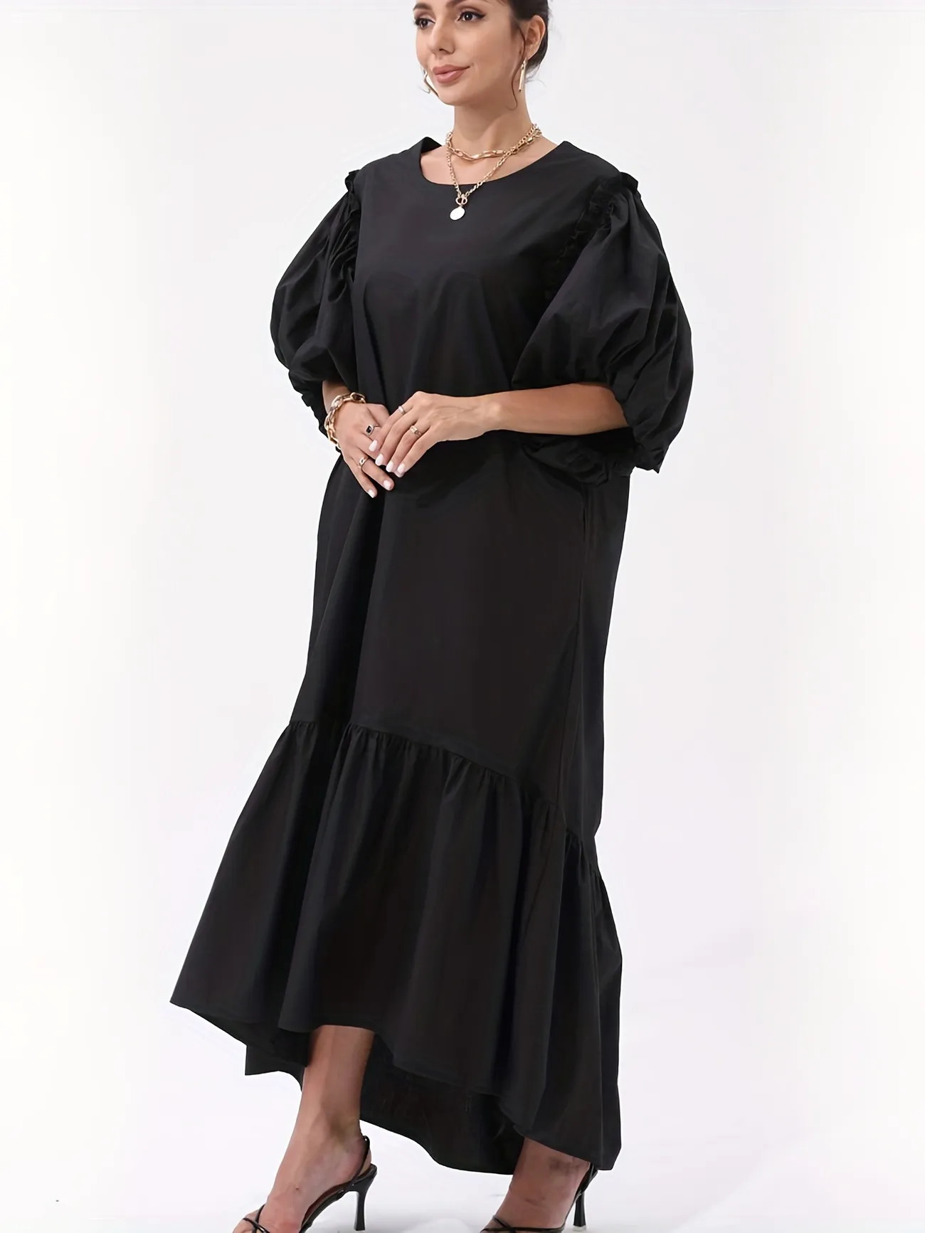 Plus Size Elegant Prom Dress, Women's Plus Solid Lantern Sleeve Round Neck Ruffle Trim Asymmetric... | Temu Affiliate Program