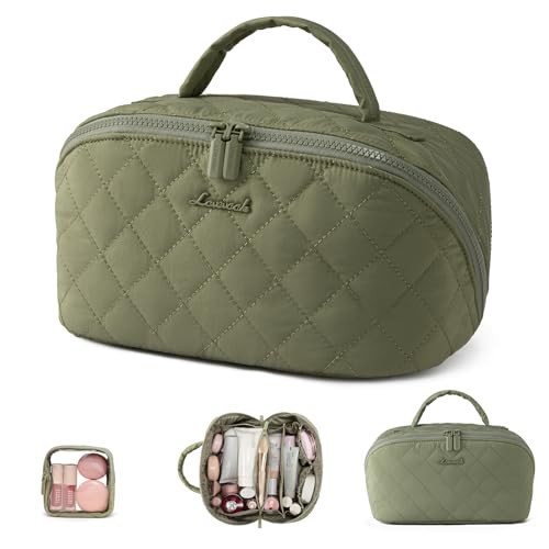 LOVEVOOK Travel Makeup Bag for Women, 2Pcs Set Puffer Waterproof Cosmetic Organizer, Large Capacity Pouch Open Flat Toiletry Bag with Divider & Handle, Portable Gift for Her, Green | Amazon (US)