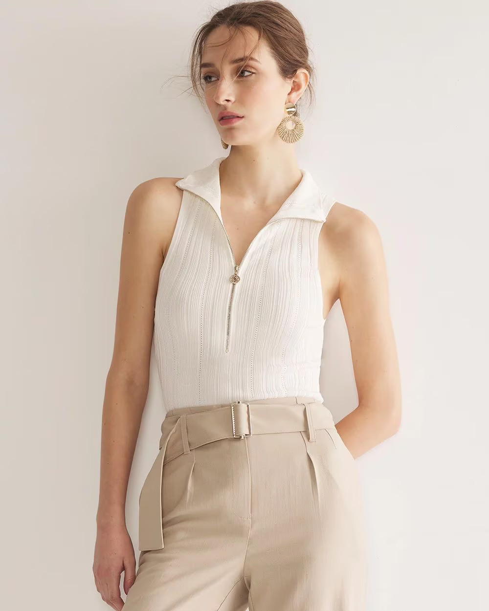 Half Zip Rib Halter Sweater Tank | White House Black Market