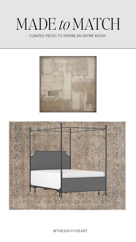 Transitional gray, beige and cream bedroom with black canopy, bed and upholstered frame, vintage floral rug and abstract artwork