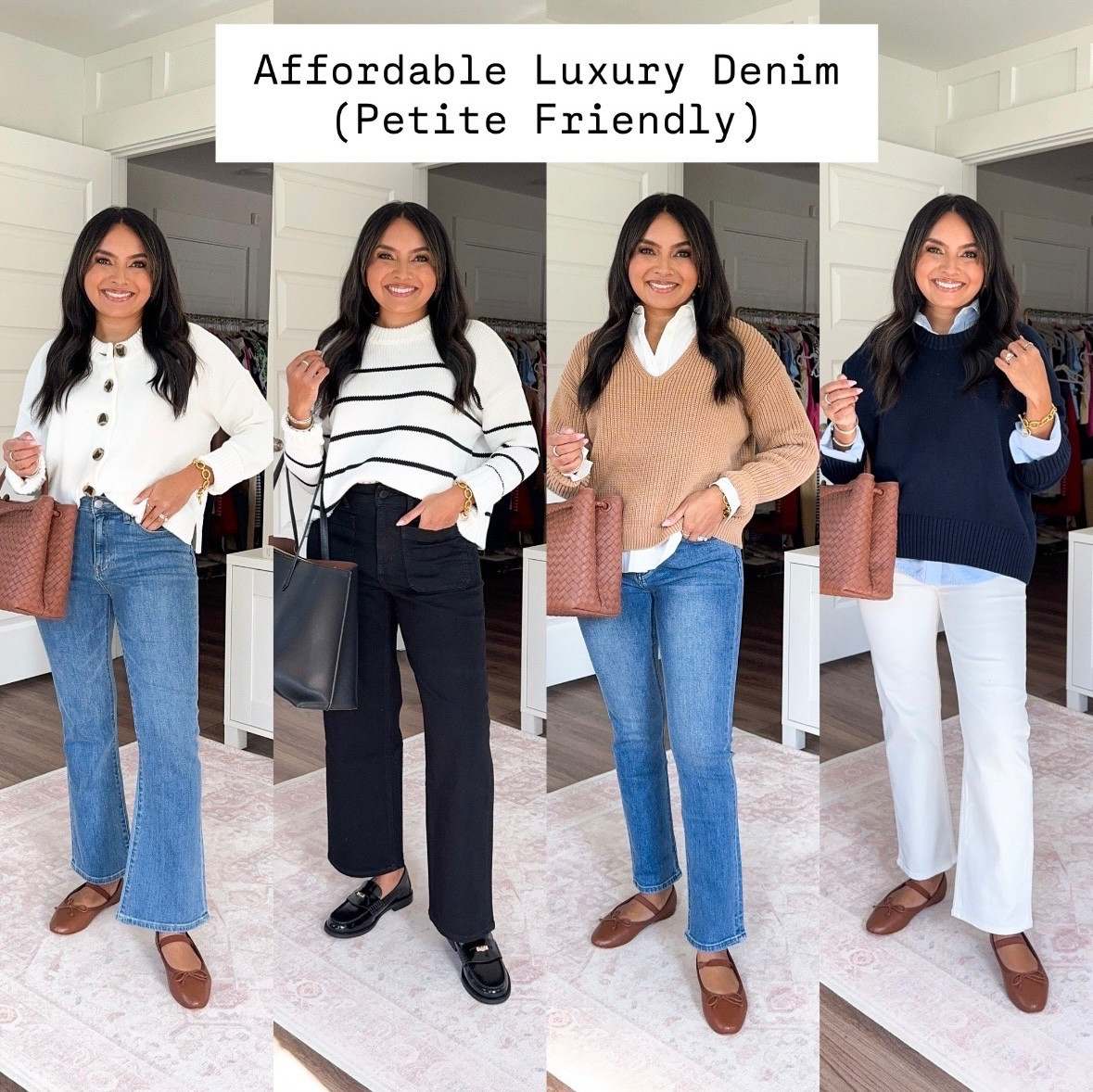 
Ivory white cardigan size xs TTS
Kick flare jeans size 26, 26” inseam TTS in color medium wash
Brown Cognac flats size 5 TTS

Black striped sweater size xs TTS
Black patch pocket wide leg jeans size 26, 26” inseam TTS
Black loafers size 5 TTS

Camel tan v neck sweater size xs TTS
White button down size 0 petite TTS
Slim straight jeans size 26, 26” inseam in color seaside blue TTS
Brown Cognac flats size 5 TTS

Navy sweater size xs TTS
Blue button down size xs TTS
Cloud white straight jeans size 26, 26” inseam TTS


Petite jeans
Petite denim
Black jeans
Mid rise jeans
Cropped denim
Fall closet staples
Fall wardrobe
Fall shoes
Work flats
Fall outfit ideas
Brown flats
Fall outfits 
Petite friendly
Petite friendly
autumn
Rachel Miranda Blog
Honeysweetpetite
Honey Sweet Petite


#LTKFindsUnder100 #LTKPetite #LTKStyleTip