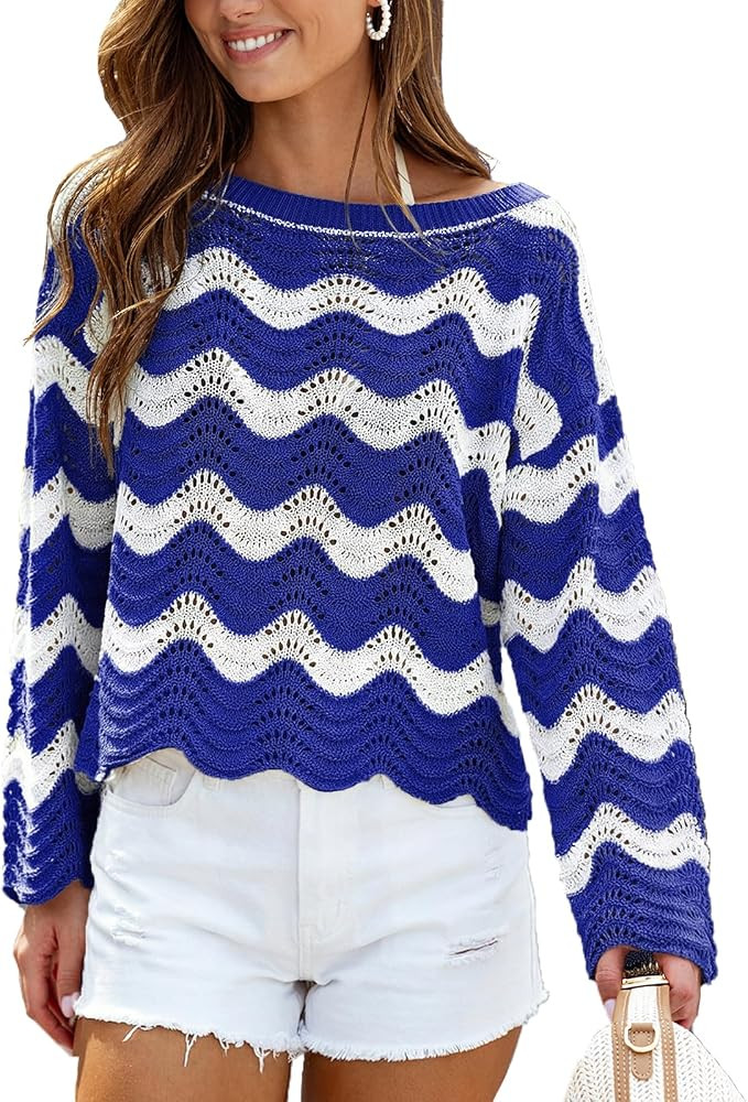 CUPSHE Women's Crochet Cover Up Long Sleeve Striped Beach Cover Up Top Summer Casual Knit Tops for Swimwear(Top Only) | Amazon (US)