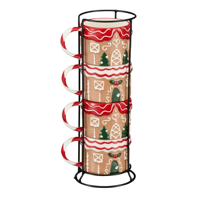 Holiday Time 12oz Gingerbread House Glazed Stoneware Ceramic Stacking Mug Set with Metal Rack | Walmart (US)