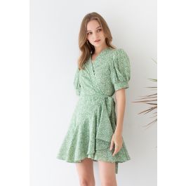 Ditsy Floral Asymmetric Frill Hem Wrap Dress in Green | Chicwish