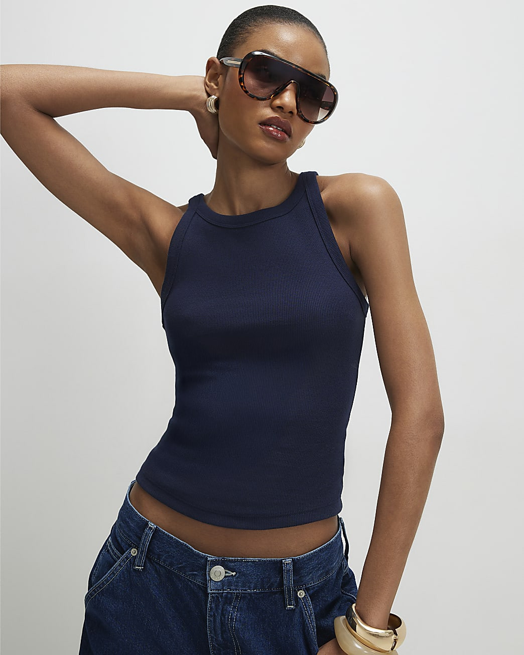 Navy Cotton Blend Sleeveless Ribbed Cami Top | River Island UK & IE