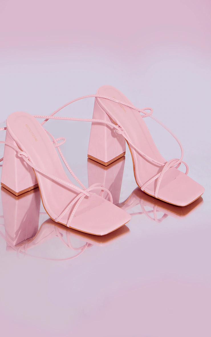 Pastel Pink Wide Fit PU Fold Over Lace Detail High Block Heeled Sandals | PrettyLittleThing US