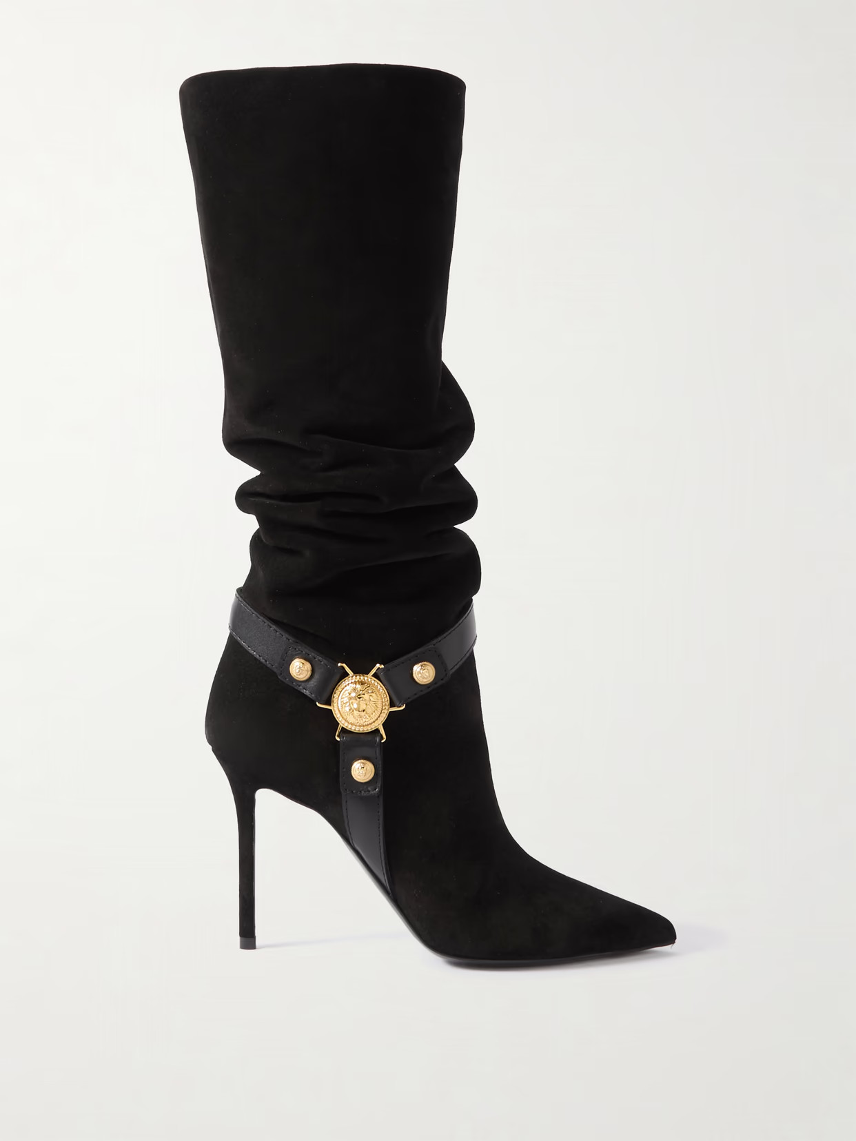 Balmain - Eva Embellished Leather-trimmed Suede Knee Boots - Black | NET-A-PORTER (US)