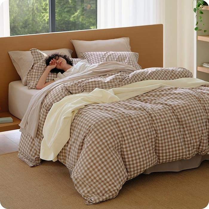 Bedsure Gingham Duvet Cover Queen, 100% Washed Cotton Duvet Cover Linen‑Like, PureWoven with Re... | Amazon (US)