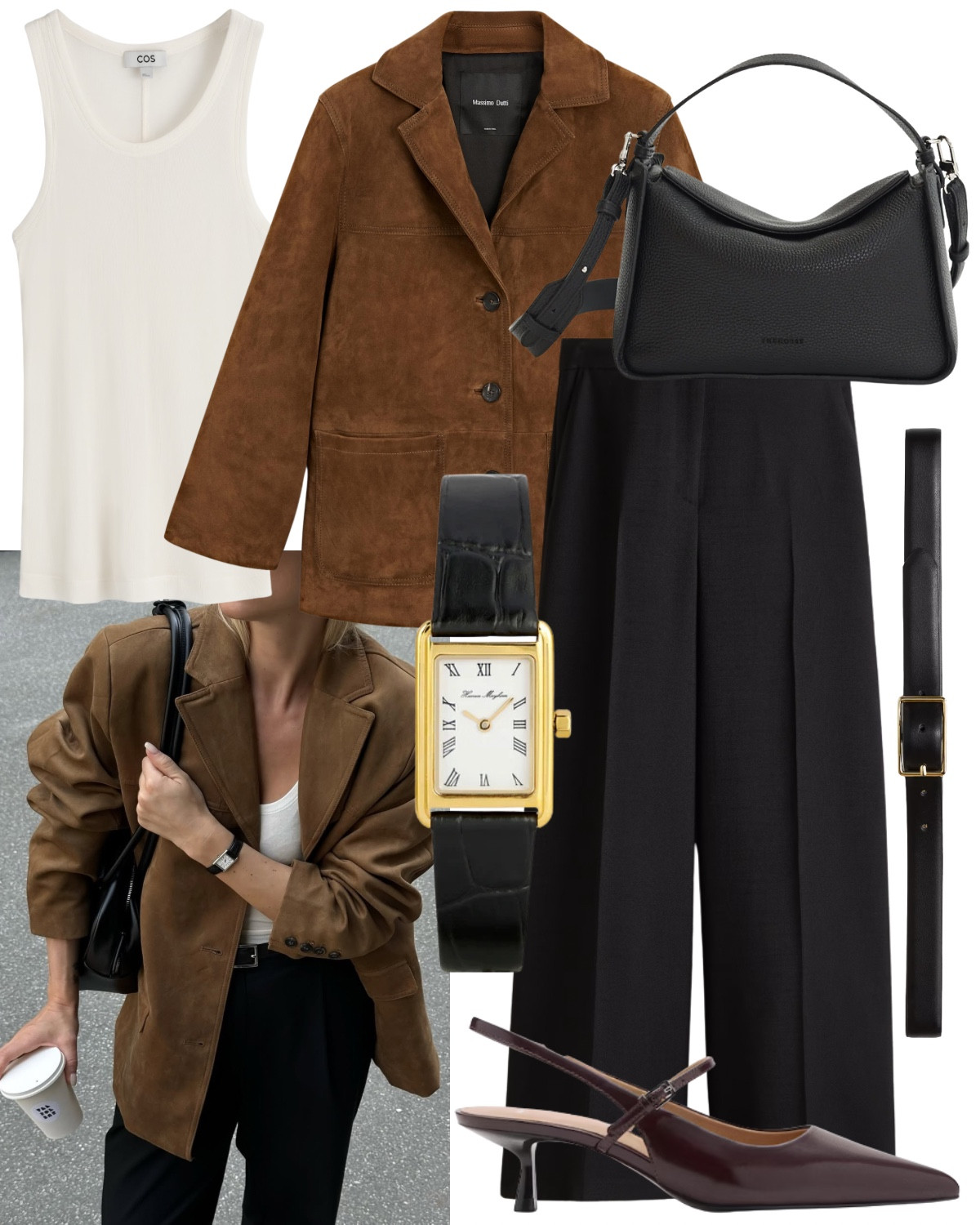 Brown suede jacket, white vest top, black tailored trousers, slingback heels, black puzzle bag, black & gold belt, black and gold watch

#LTKstyletip #LTKautumn #LTKuk