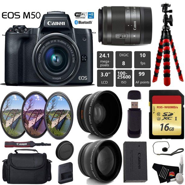 Canon EOS M50 Mirrorless Digital Camera with 15-45mm Lens + UV FLD CPL Filter Kit + Wide Angle & ... | Walmart (US)
