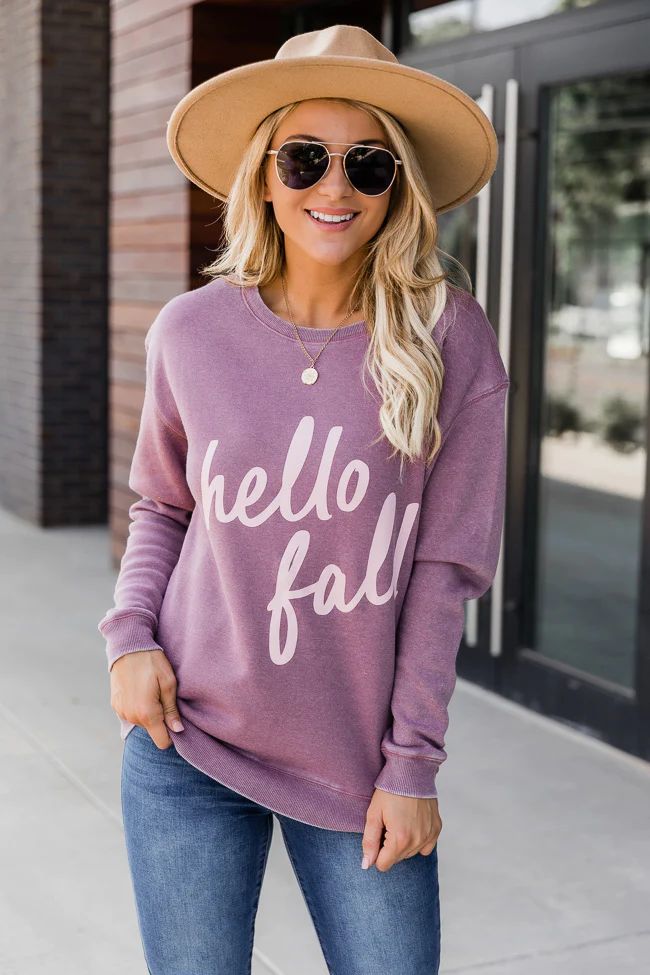 Hello Fall Script Shady Mauve Graphic Sweatshirt | The Pink Lily Boutique