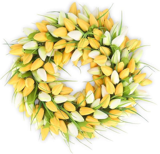 HANTAJANSS Artificial Tulip Flower Wreaths for Front Door 20 Inches, Silk Fake Flower Mini Tulip ... | Amazon (US)