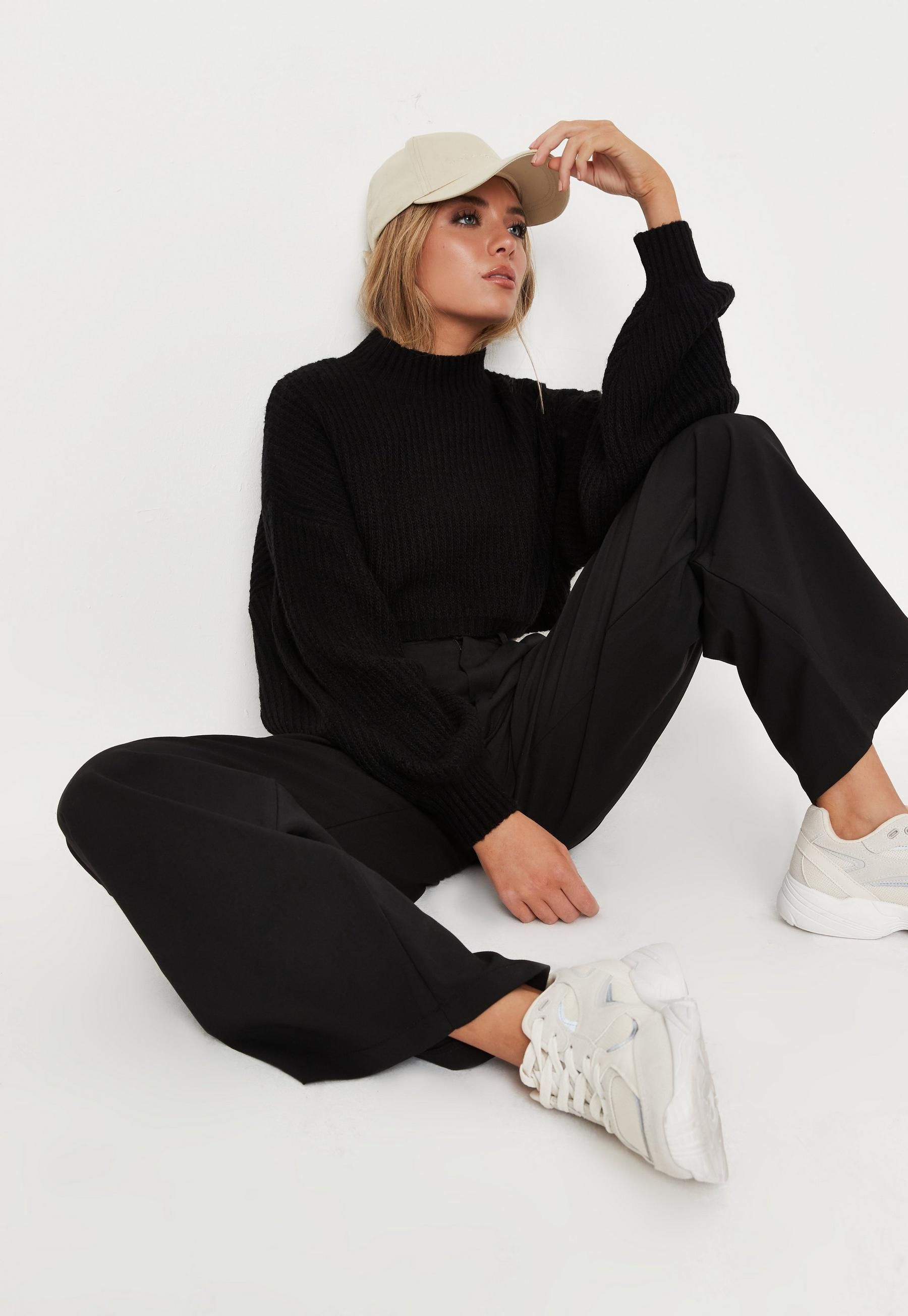 Missguided - Petite Black High Neck Balloon Sleeve Boyfriend Cropped Sweater | Missguided (US & CA)