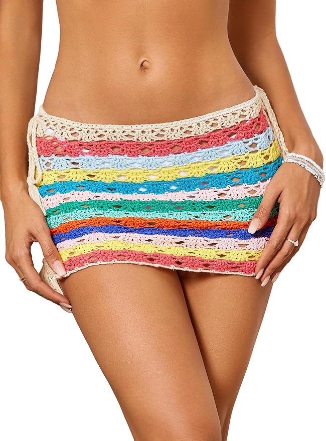SweatyRocks Women's Drawstring Tassel Lace Up Crochet Hollow Out Sheer Cover Up Mini Skirt | Amazon (US)