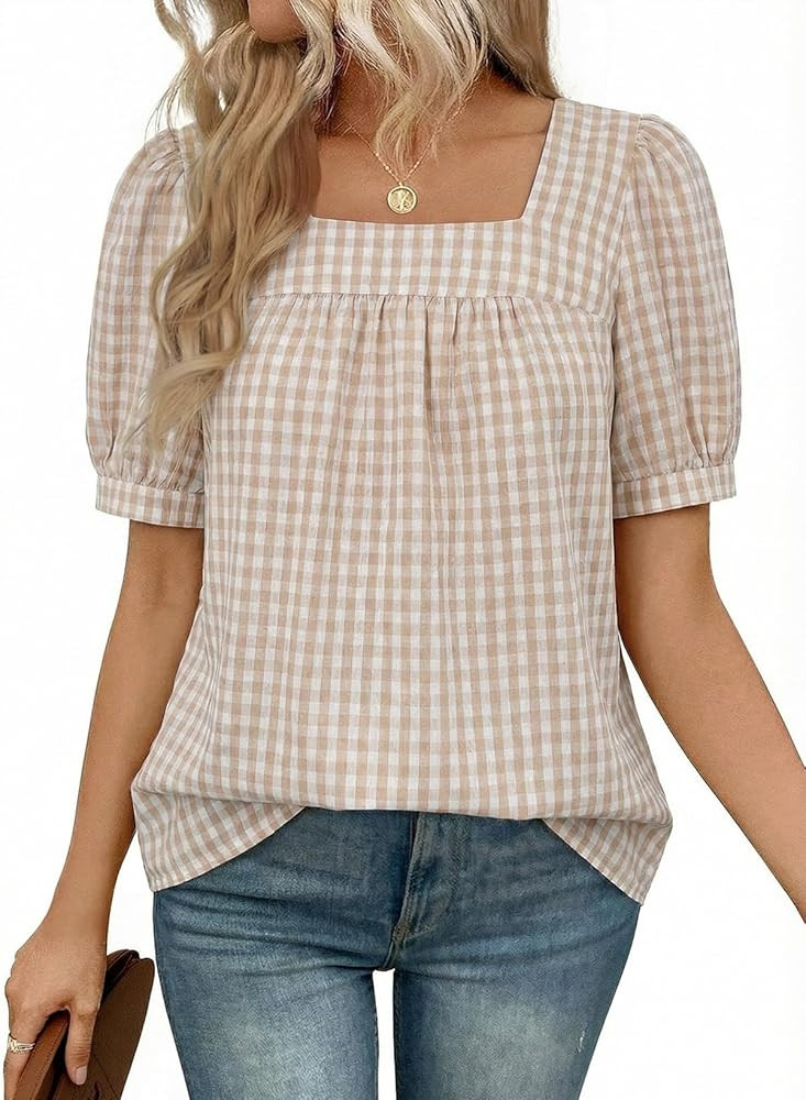 EVALESS Tops for Women Short Sleeve Tunic Blouse Square Neck Gingham Tops Cotton Blend Plaid Shir... | Amazon (US)