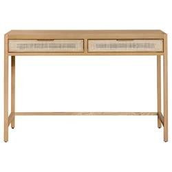 Ronaldo Coastal Beach Natural Oak Wood Woven Rattan 2 Drawer Desk | Kathy Kuo Home
