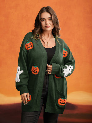 Plus Size Pumpkin Ghost Embroidery Open Cardigan Rust Women Casual Loose Long Sleeve Everyday Cardigans BloomChic 28/5X | Bloomchic