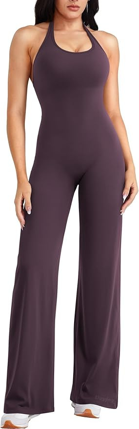 VOYJOY Women Workout Jumpsuit Halter Straight Leggings Jumpsuits Hidden Scrunch One Piece Yoga Gy... | Amazon (US)
