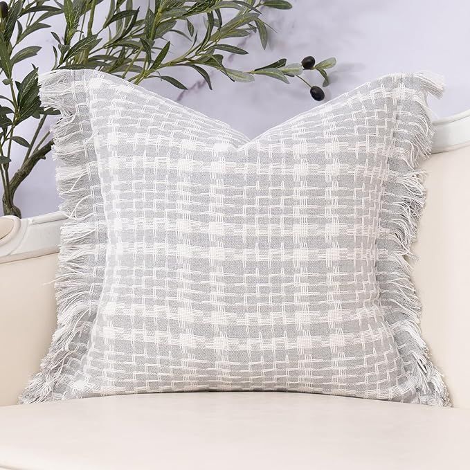 Yangest Grey Plaid Farmhouse Throw Pillow Cover Fringe Cushion Case Neutral Pillowcase for Sofa C... | Amazon (US)
