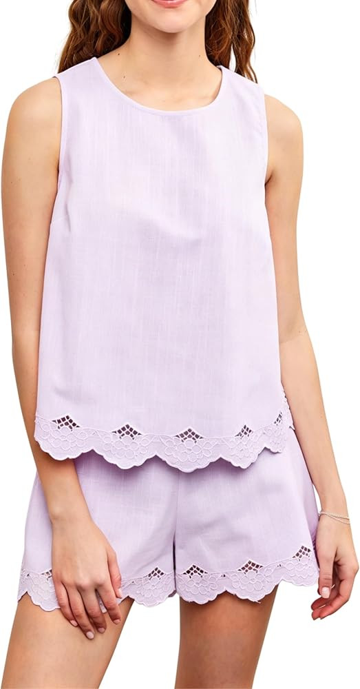 Women Trendy 2 Piece Outfits Shorts Sets Round Neck Sleeveless Scallop Embroidered Edge Top and B... | Amazon (US)
