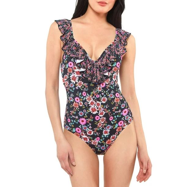 Jessica Simpson Women's Contemporary Posy Fields Frill Shoulder One Piece Swimsuit | Walmart (US)