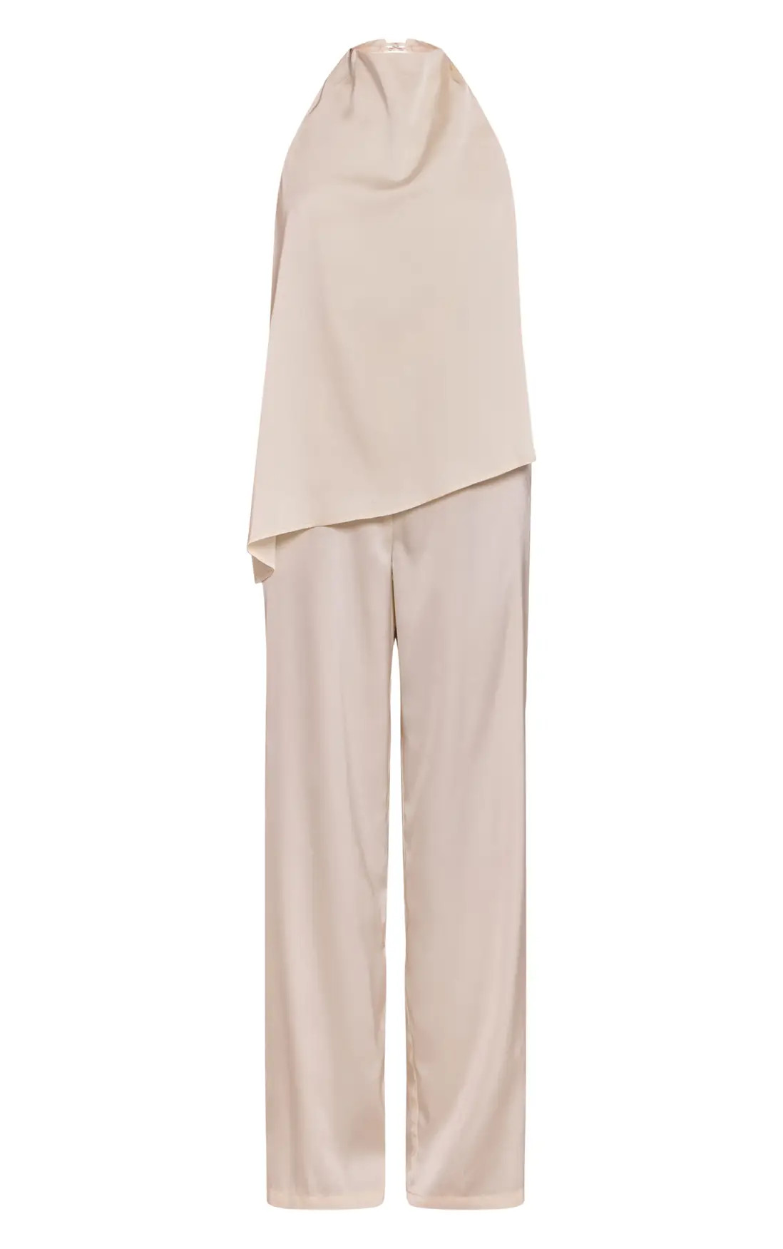 Cream Satin Draped Halterneck Wide Leg Jumpsuit | PrettyLittleThing UK