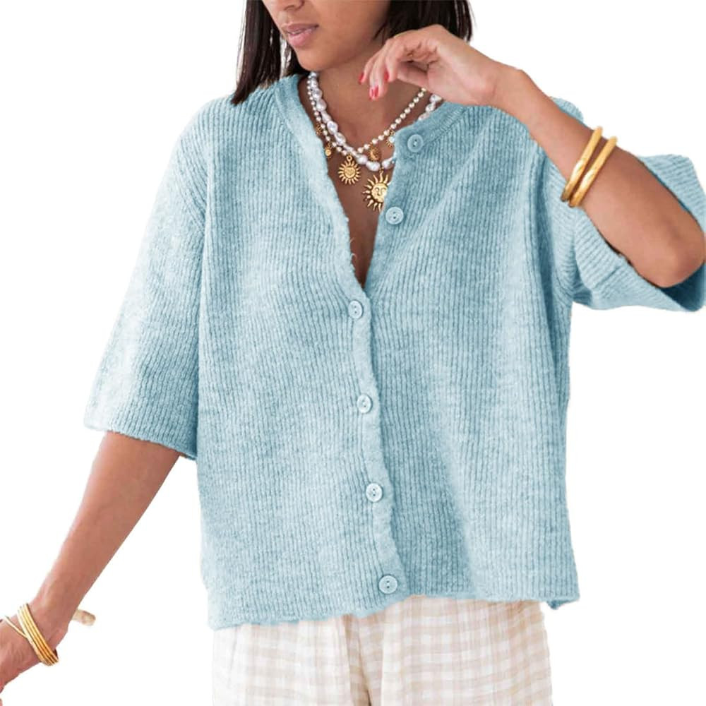 Button Down Cardigans Shirts Short Sleeve Knitted Blouse Top Knit Tops | Amazon (US)