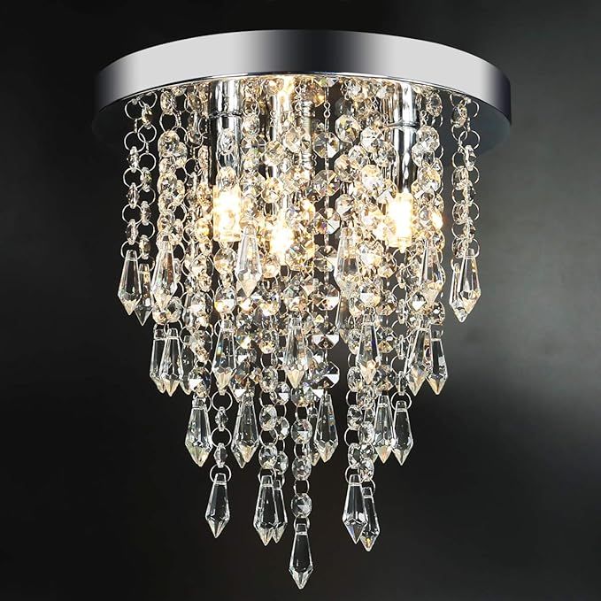 3 Lights Mini Crystal Flushmount Chandelier Fixture, Crystal Ceiling Lamp, H10.4" X W9.8", Elegan... | Amazon (US)