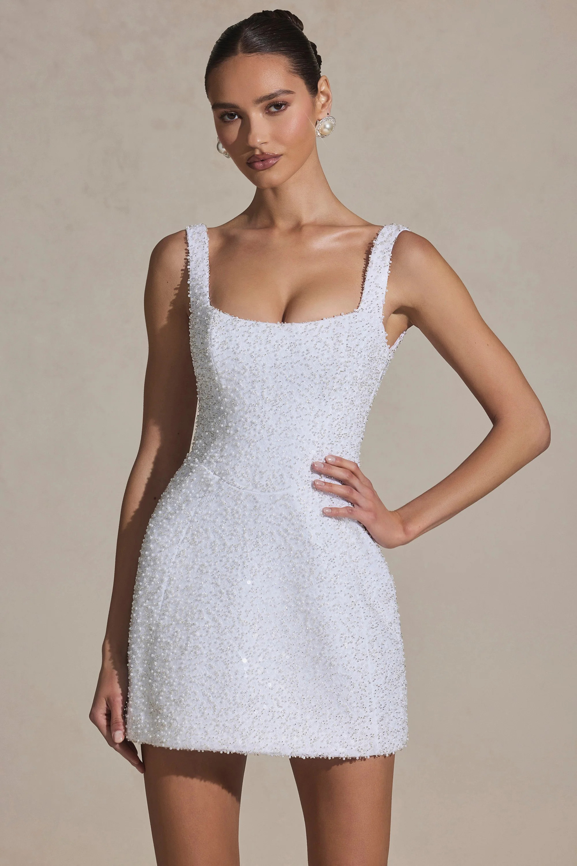 Embellished Structured A-Line Mini Dress in White | Oh Polly