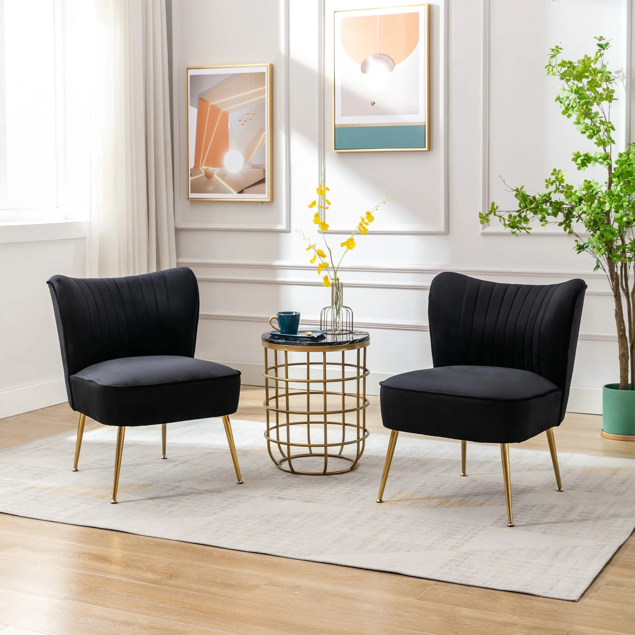 Guyou Modern Accent Chair Set of 2, Armless Slipper Chair Velvet Upholstered Lounge Chair, Wingback Large Single Sofa Side Chair with Gold Legs for Living Room Bedroom, Black | Walmart (US)