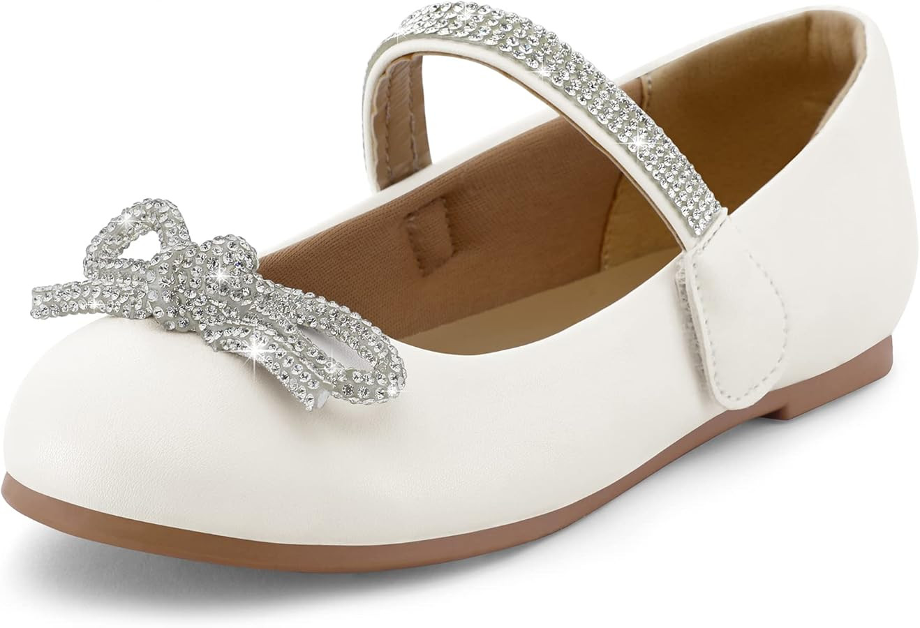 K KomForme Girl's Bow Mary Jane Dress Shoes Ballet Princess Flats with Rhinestone Strap for Party... | Amazon (US)