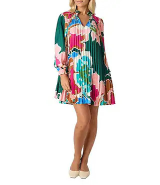 Heidi Floral Print Pleated Spilt V-Neckline Long Sleeve Self Tie Belt Dress | Dillard's