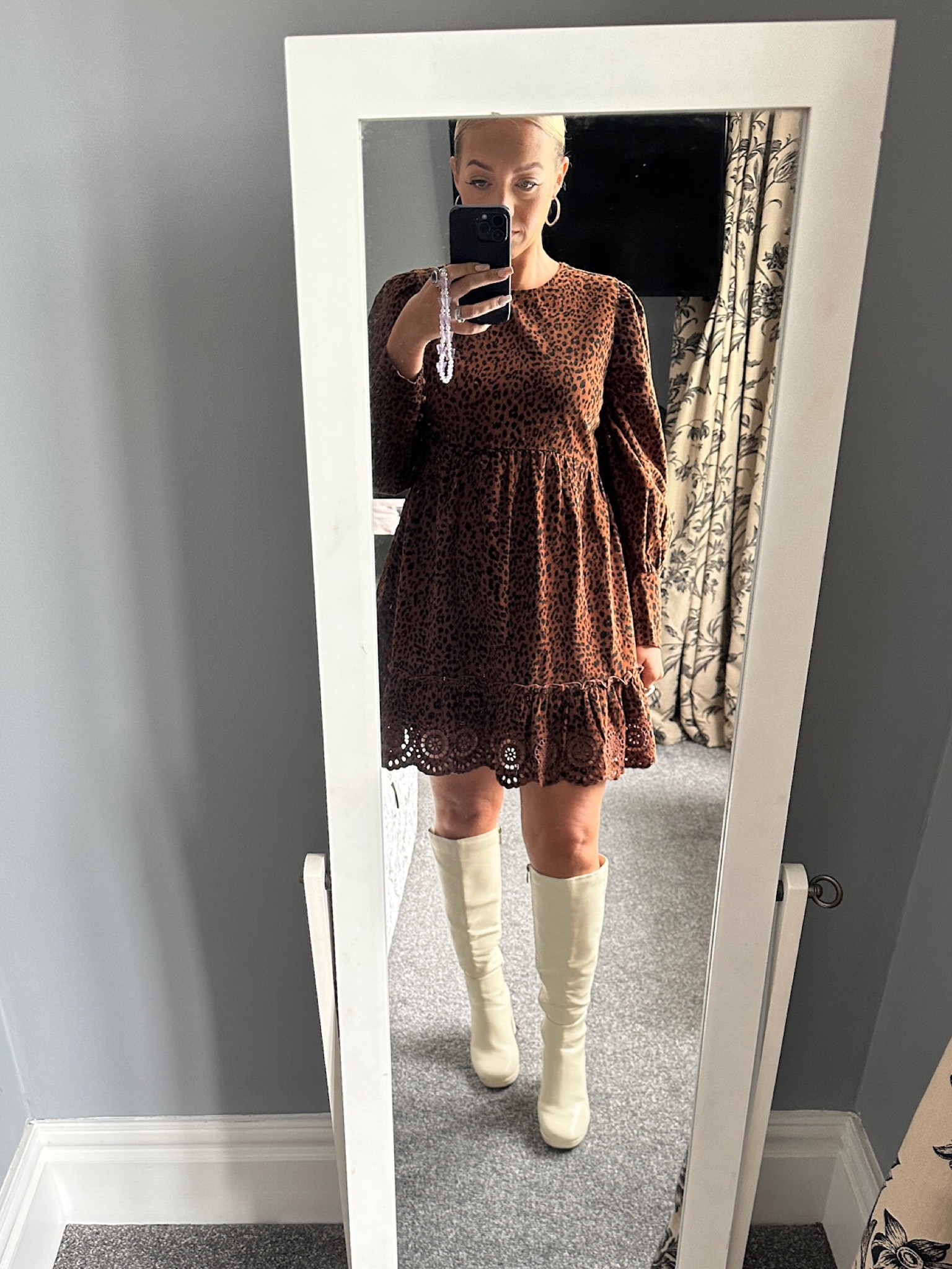 Nobody’s child leopard print dress, smock dress, leopard print, white boots, smart casual outfit, dinner outfit, cute dress, knee heigh boots 

#LTKSeasonal #LTKstyletip #LTKeurope