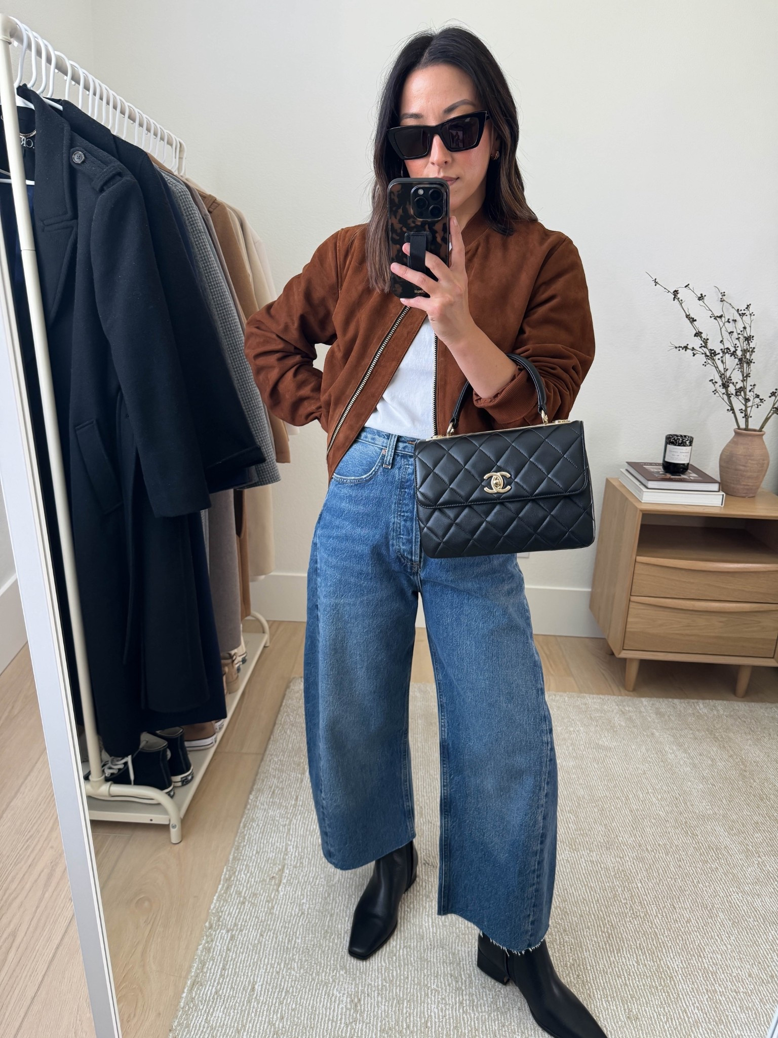 Outfit ideas with flat ankle boots. 

All Saints Suede jacket US 8, runs small
Madewell tee xs
AGOLDE barrel jeans 25, cut hems
Steve Madden Dorothea boots size 6
Chanel Trendy CC small
YSL Sunglasses

Fall outfits, fall style, petite style 

#LTKSeasonal #LTKPetite #LTKCyberWeek