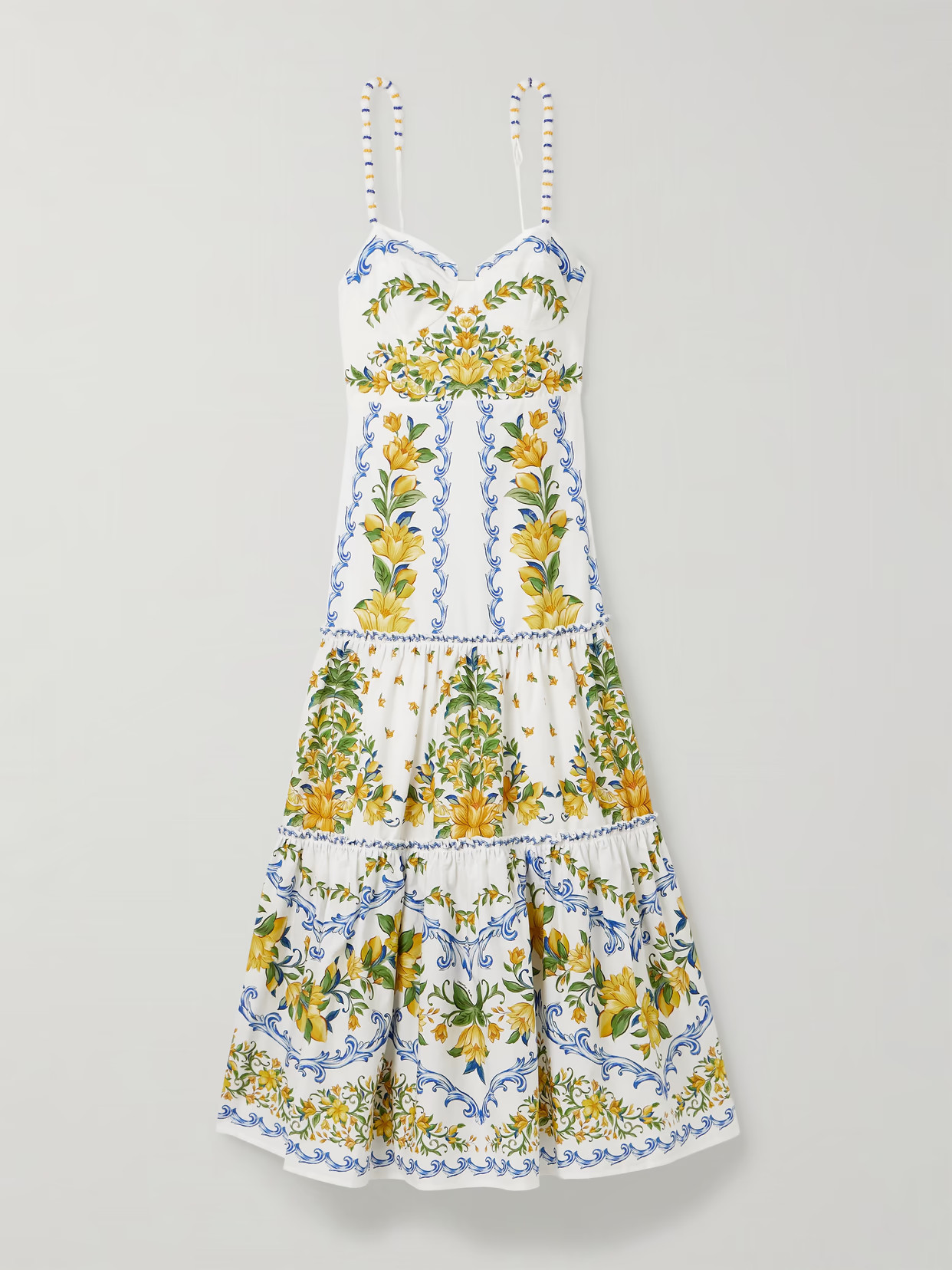 Farm Rio - Sicily Tiered Bead-embellished Printed Cotton-poplin Midi Dress - Yellow | NET-A-PORTER (US)