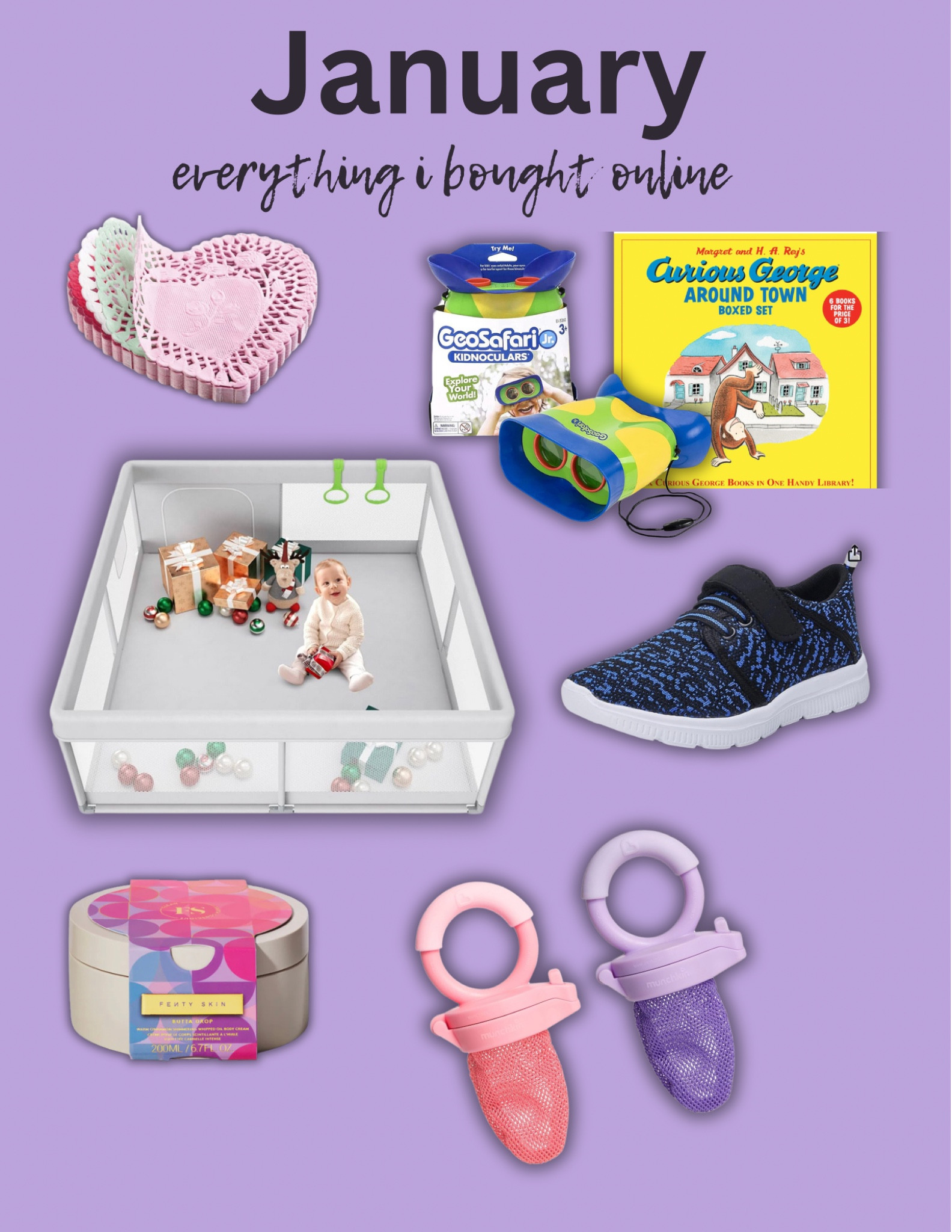 Things I bought online in January
Boys shoes
Curious George books
Kids binoculars 
Mesh feeders
Fenty body butta 
Playpen
Heart doilies
Pink
Purple
Baby
Kids
Family
Registry
Gifts
Must haves


#LTKbaby #LTKMostLoved #LTKkids