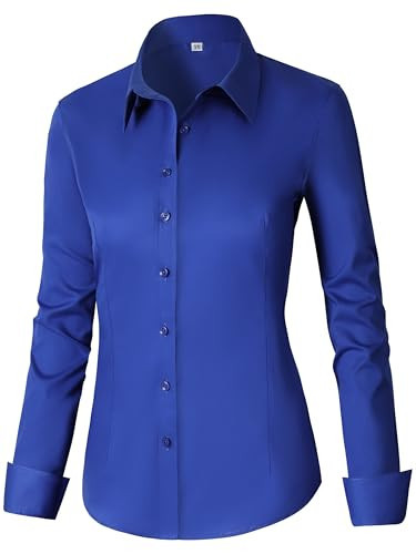CUNLIN Royal Blue Button Down Shirt Women Basic Long Sleeve Dress Shirts Summer Tops Plain Fitted Petite Turndown Neck Dressy Casual Womens Work Business Blouse Royal Blue M | Amazon (US)